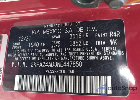 2022 Kia Rio S из США, поврежденный, VIN 3KPA24AD3NE447850